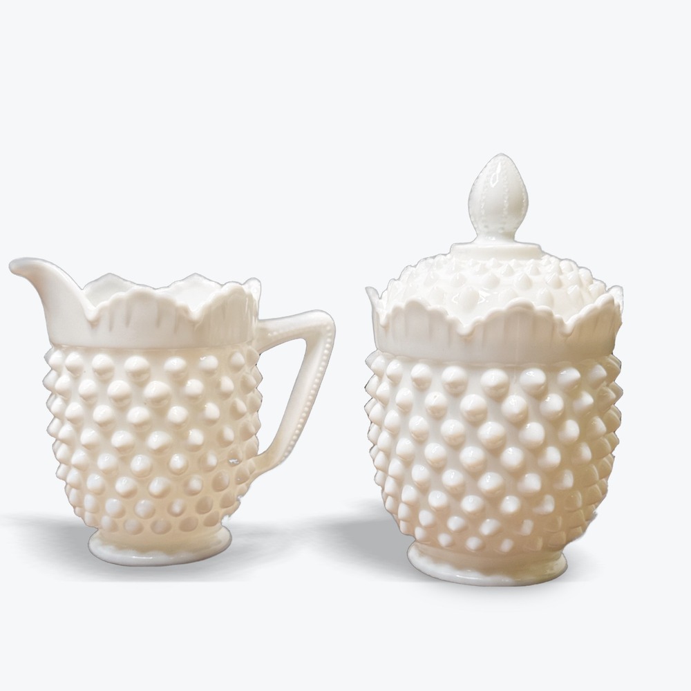 Vintage Fenton Creamer & Sugar Bowl Set Hobnail Milk Glass 1960 Original Sticker